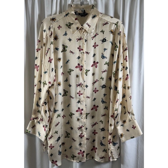 ZARA Women's Cream Butterfly Insect Print Button Up Shirt Oversized M‎ 72-27 - Picture 15 of 16